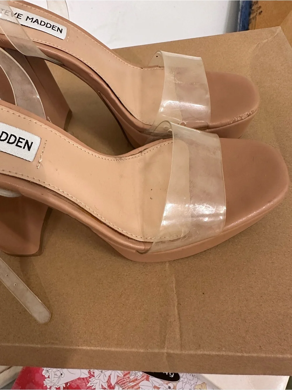 Steve Madden Nude Tan Platform Block Heel Sandals with Clear Straps